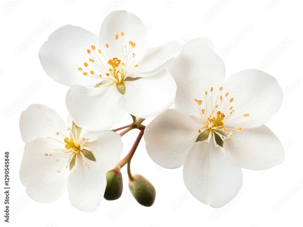 Obraz premium Closeup of Three Delicate White Blossoms on a Branch, Exquisite Spring Floral Photography