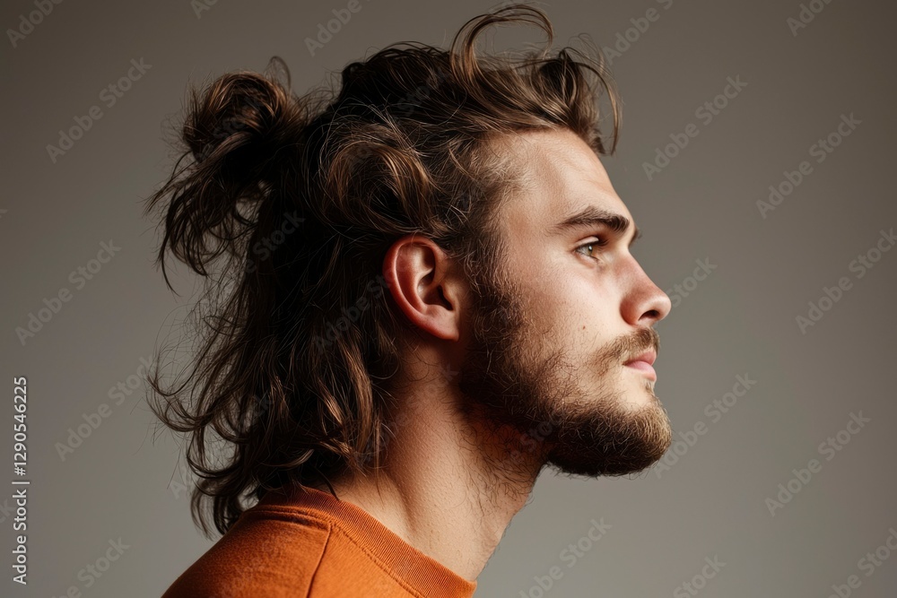 Man with a bun side profile view with blurred background for fashion use