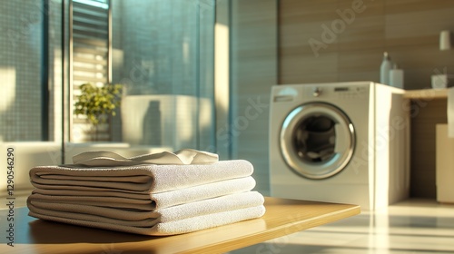 Bright and Inviting Laundry Room With Neatly Folded Towels and a Washing Machine During the Afternoon Sunlight