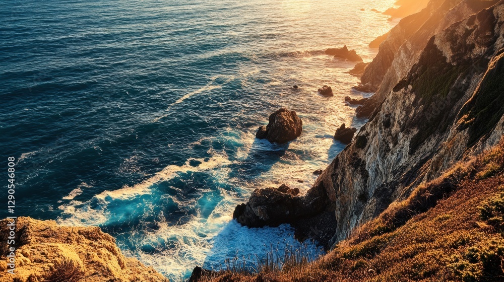 Obraz premium A stunning seaside cliffside at sunset, with the sun casting long shadows over the waves.