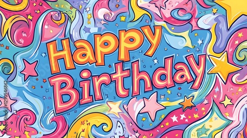 Vibrant Happy Birthday design with pink and blue swirls