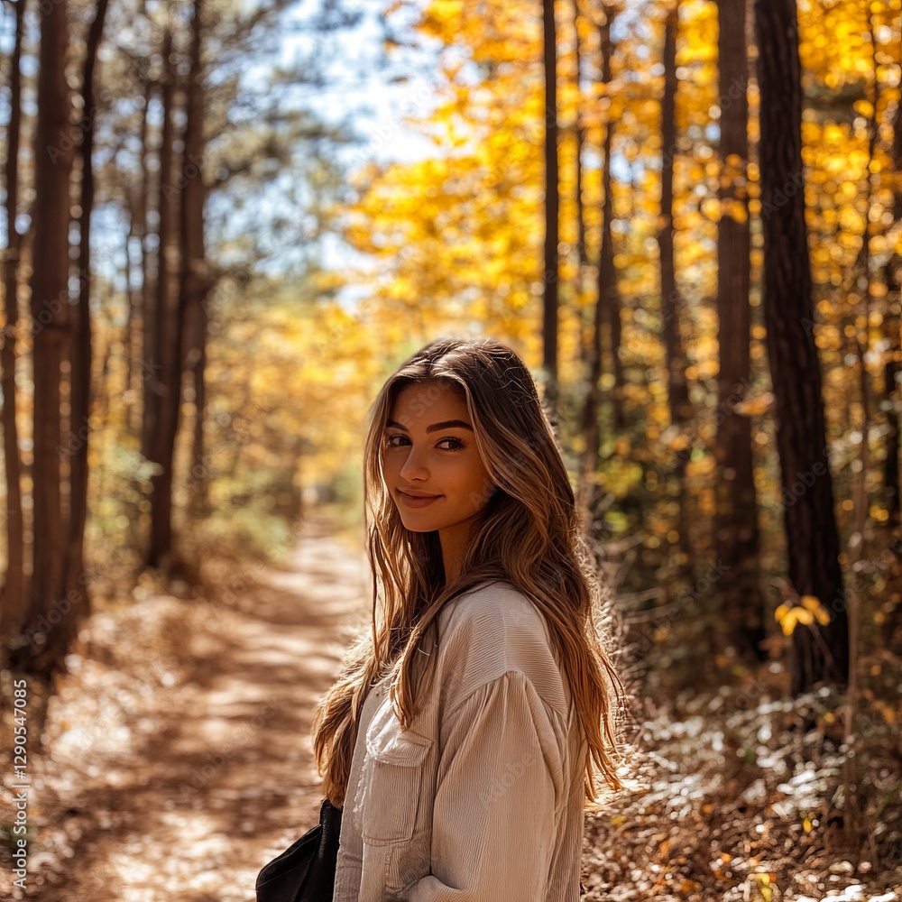 A young woman stands on a forest path surrounded by vibrant autumn trees. The sunlight filters through the leaves, creating a warm, golden ambiance. This image captures serenity and beauty. AI A young woman stands on a forest path surrounded by vibrant autumn trees. The sunlight filters through the leaves, creating a warm, golden ambiance. This image captures serenity and beauty. AI