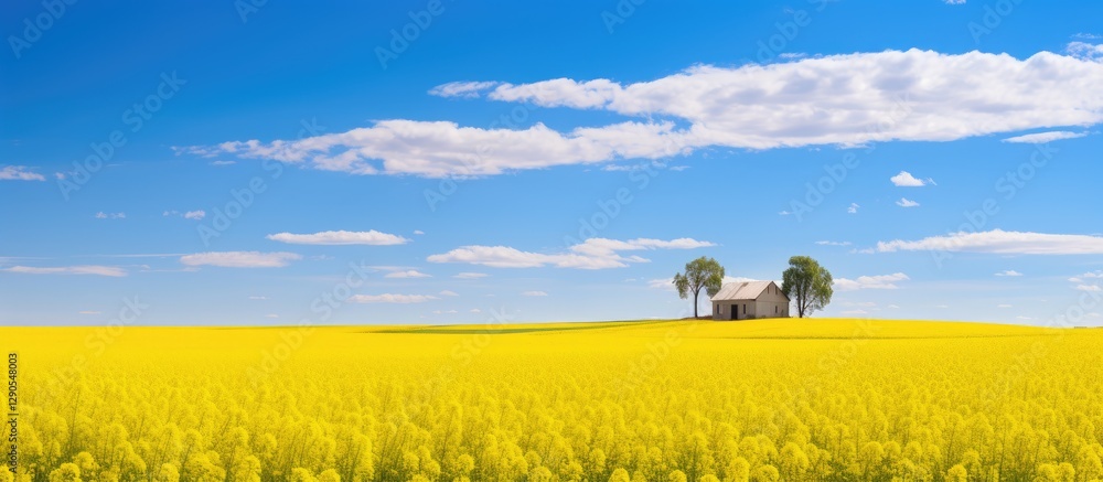 Fototapeta premium Vibrant canola fields with bright yellow flowers in full bloom under a clear blue sky featuring fluffy white clouds and a rural farmhouse on the horizon.