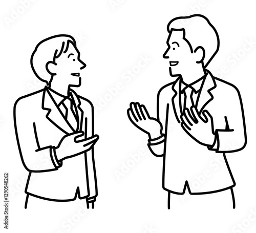 対話、会話をするビジネスマンのイラスト　線画のみ