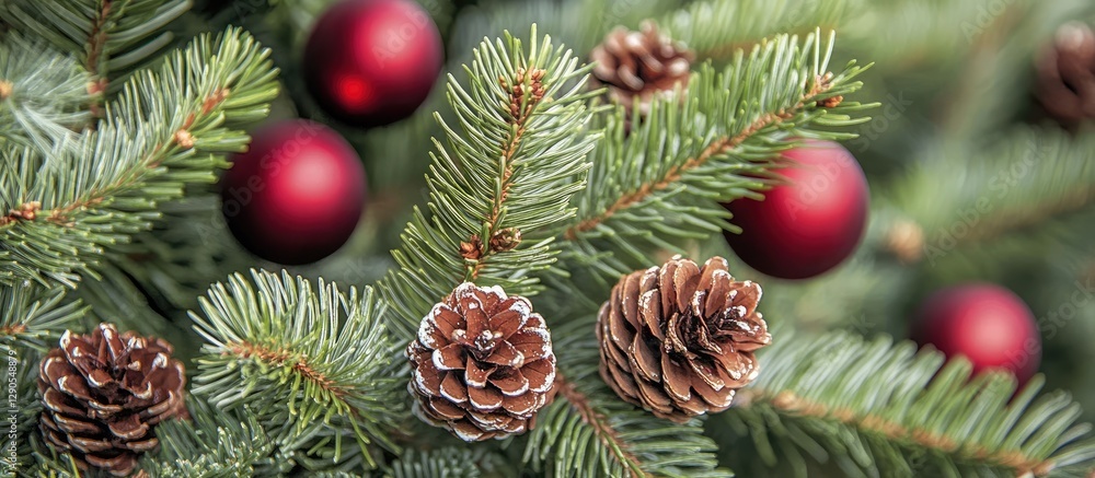 Vibrant red baubles and natural pine cones adorn lush green Christmas tree branches creating a festive holiday atmosphere perfect for celebrations Vibrant red baubles and natural pine cones adorn lush green Christmas tree branches creating a festive holiday atmosphere perfect for celebrations