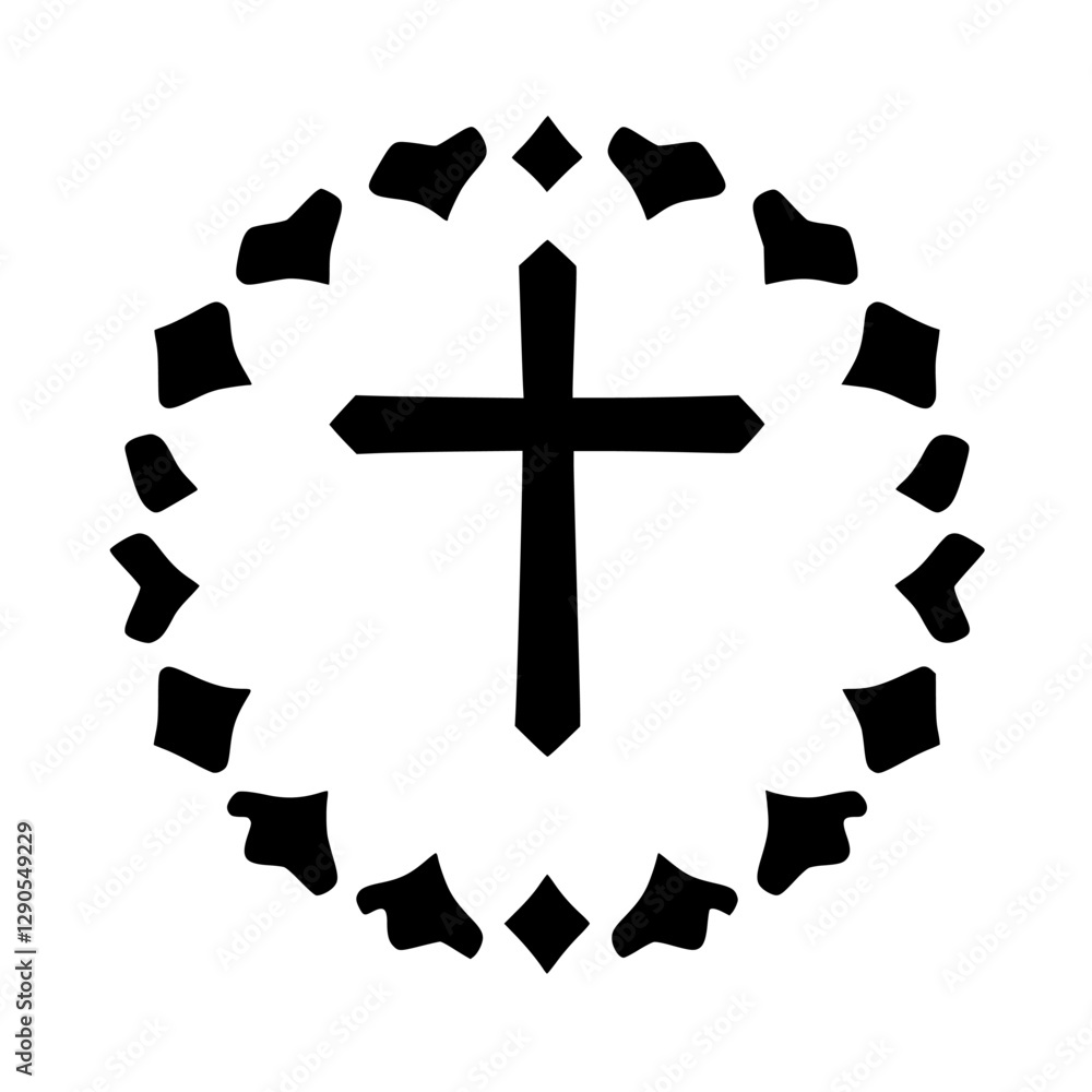 Fototapeta premium Black cross with a ring of black shapes encircling the cross on a white background.