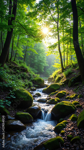 Serene Green Forest with Sun Rays and Flowing Stream