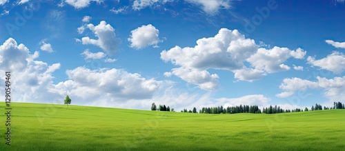 Fototapeta Naklejka Na Ścianę i Meble -  Vibrant green meadow under a bright blue sky filled with fluffy white clouds with distant trees on the horizon creating a peaceful summer landscape