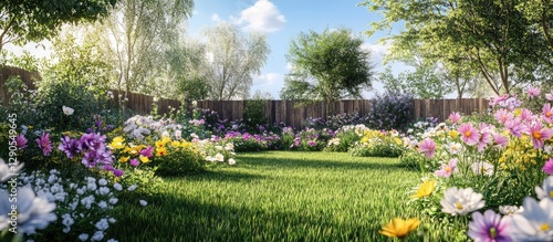 Vibrant garden scene with blooming cosmos flowers in various colors scattered across lush green grass under a clear blue sky with sunlight.