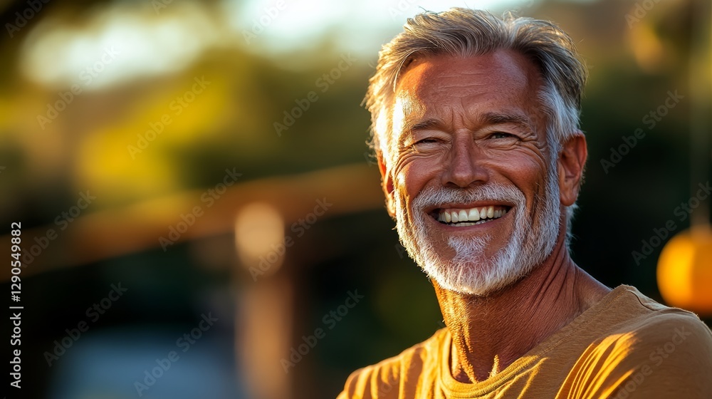 Man with a big smile on his face is wearing a yellow shirt. He is standing in front of a tree and he is enjoying the outdoors Man with a big smile on his face is wearing a yellow shirt. He is standing in front of a tree and he is enjoying the outdoors