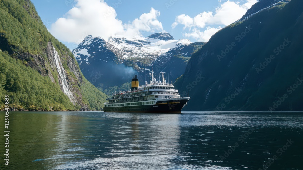 Cruise Ship Navigating a Fjord with Lush Green Mountains and Waterfall Cruise Ship Navigating a Fjord with Lush Green Mountains and Waterfall