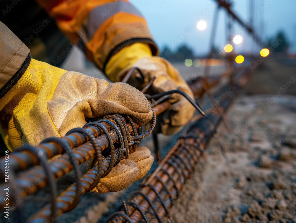 Worker tying rebar at construction site with gloves on Worker tying rebar at construction site with gloves on