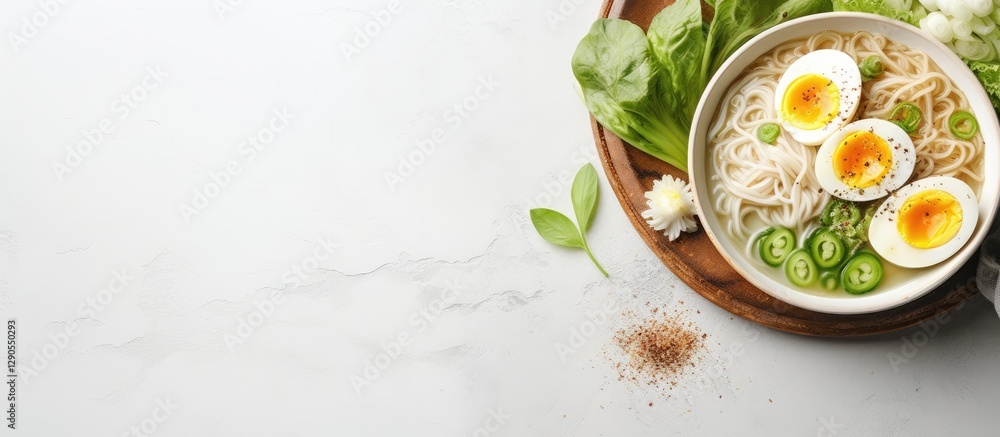 Delicious bowl of rice noodle soup with boiled eggs green onions and fresh vegetables on light grey table with a textured background Delicious bowl of rice noodle soup with boiled eggs green onions and fresh vegetables on light grey table with a textured background