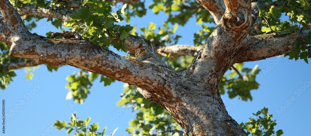 Close-up view of textured tree trunk with vibrant green leaves against a clear blue sky, showing detailed bark patterns and natural lighting. Close-up view of textured tree trunk with vibrant green leaves against a clear blue sky, showing detailed bark patterns and natural lighting.