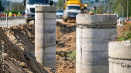 Wallpaper Mural Concrete pillars being installed at construction site with vehicles nearby Torontodigital.ca