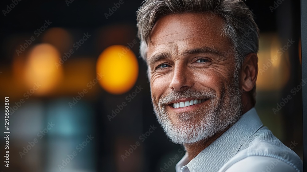 Man with a beard and gray hair is smiling and looking at the camera. He is wearing a white shirt and he is happy Man with a beard and gray hair is smiling and looking at the camera. He is wearing a white shirt and he is happy