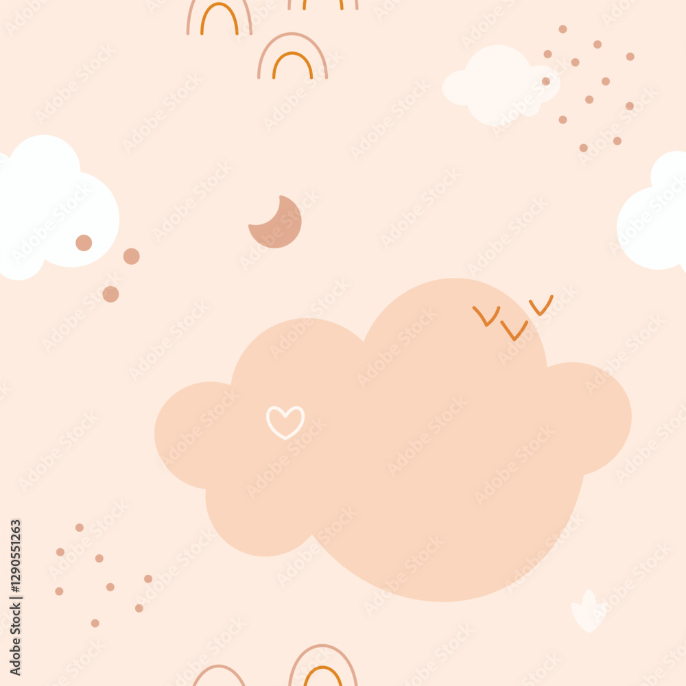 Boho baby seamless pattern with simple cute cloud rainbows moon heart dots. Boho baby seamless pattern with simple cute cloud rainbows moon heart dots.