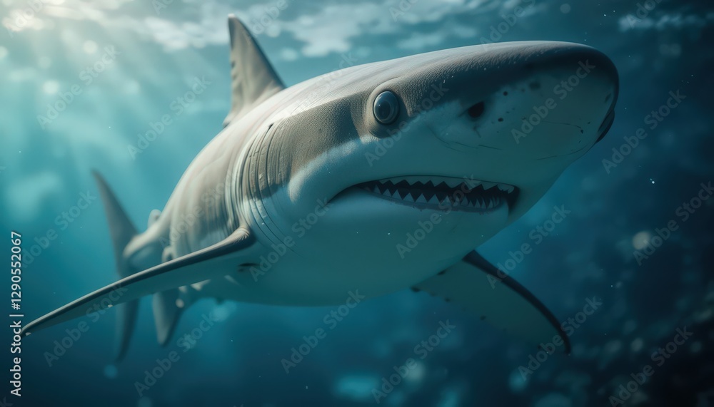 Fototapeta premium Powerful Great White Shark in Deep Ocean Depths