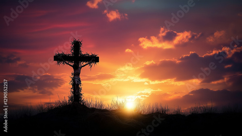 Wallpaper Mural The Cross and Crown of Thorns Symbolizing the Sacrifice and Suffering of Jesus Christ Against a Beautiful Sunset Sky Torontodigital.ca