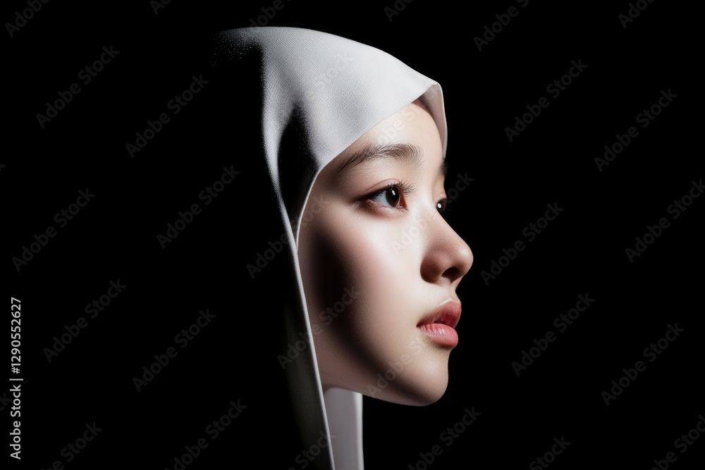 Asian woman, side profile, covered head with dark studio background for religion use Asian woman, side profile, covered head with dark studio background for religion use