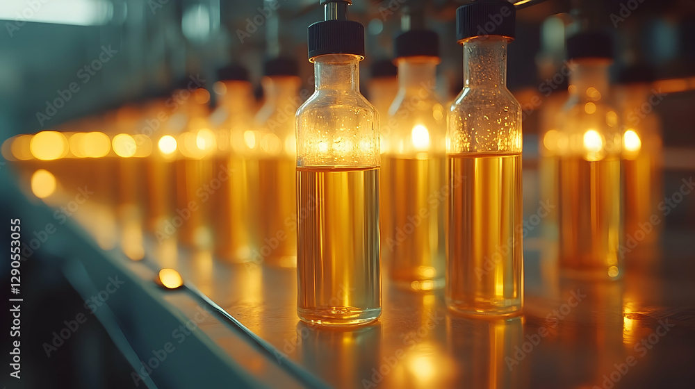 Golden Liquid Precision, A Close-Up of Bottled Oil in a Production Line Golden Liquid Precision, A Close-Up of Bottled Oil in a Production Line