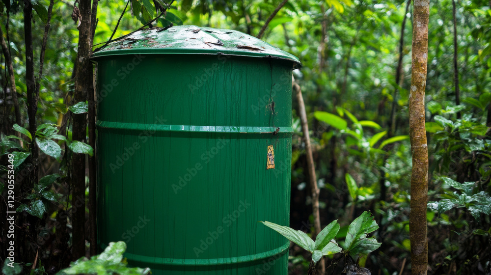 A green barrel stands still in a vibrant rainforest, enveloped by thick foliage and various tropical plants under a canopy of trees, showcasing the rich biodiversity of the area A green barrel stands still in a vibrant rainforest, enveloped by thick foliage and various tropical plants under a canopy of trees, showcasing the rich biodiversity of the area