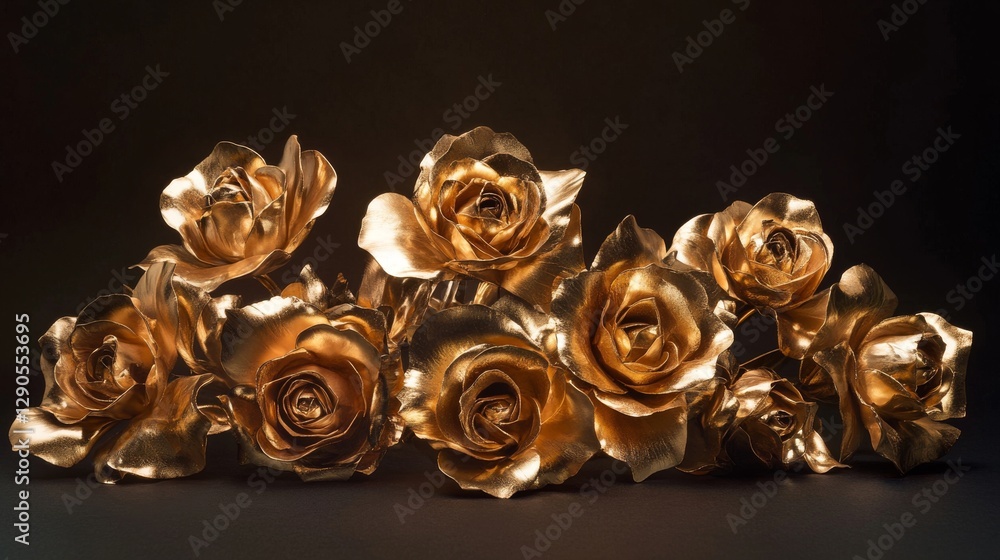 16.A striking arrangement of fully golden roses, their sculpted petals gleaming with metallic shine, set against a soft, dark gradient for a dramatic effect. 16.A striking arrangement of fully golden roses, their sculpted petals gleaming with metallic shine, set against a soft, dark gradient for a dramatic effect.