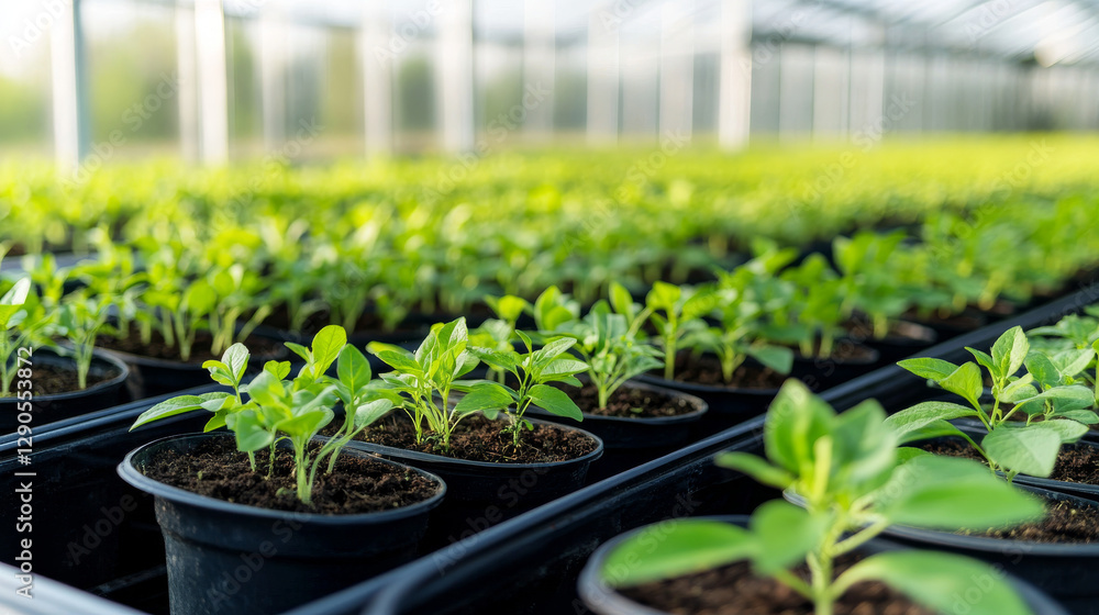 Rows of small, vibrant plants sit in black pots inside a greenhouse. Sunlight filters through the glass structure, providing a warm environment for growth in the morning Rows of small, vibrant plants sit in black pots inside a greenhouse. Sunlight filters through the glass structure, providing a warm environment for growth in the morning