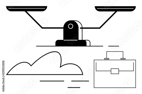 Balanced scales represent fairness and equilibrium, paired with a cloud and briefcase for work-life, career, and environmental ideas. Ideal for concepts of balance, justice, career, sustainability