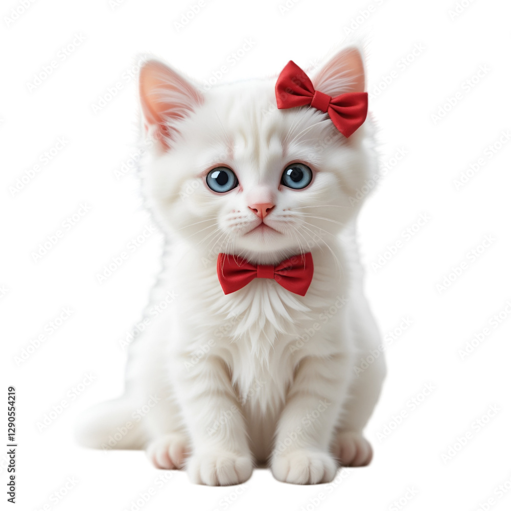 transparent background Cute White Kitten with Red Bow