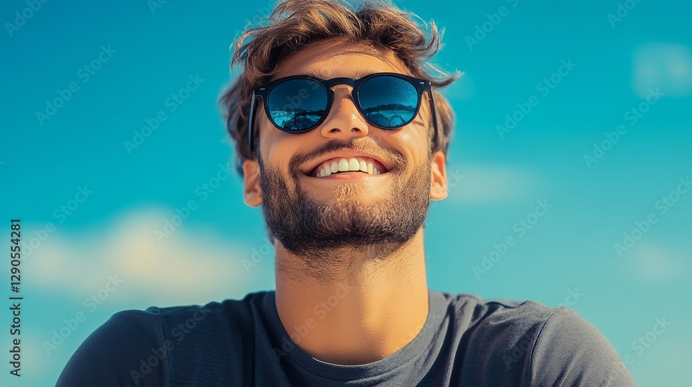 Man with a beard and sunglasses is smiling and looking at the camera. Concept of happiness and relaxation, as the man is enjoying a sunny day outdoors Man with a beard and sunglasses is smiling and looking at the camera. Concept of happiness and relaxation, as the man is enjoying a sunny day outdoors