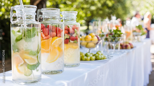 A delightful display of infused water jars sits on a white tablecloth in a garden setting, showcasing vibrant fruits like strawberries, lemons, and apples, perfect for guests at a summer gathering