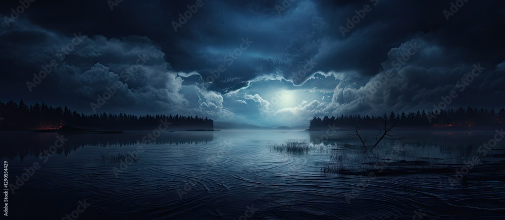 Fototapeta premium Mysterious twilight scene with dark clouds reflecting on calm water, illuminated by a soft moonlight with silhouettes of trees on the horizon.