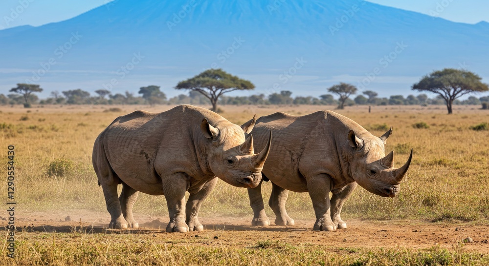 Fototapeta premium A Pair of Black Rhinos in a Dusty African Plain, Near the Ngorongoro Crater. Focus on Their Thick, Rough Skin, Distinct Horns, and Strong Postures.
