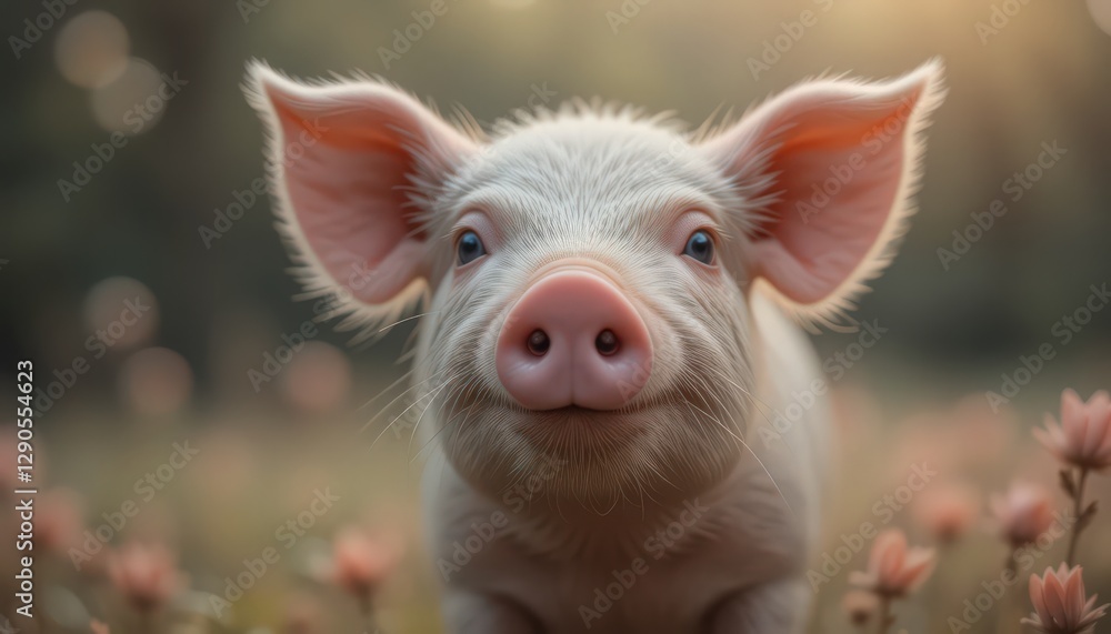 Adorable Baby Pig Looking Directly at the Camera in a Field