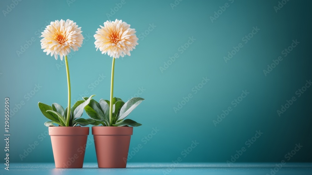 Two small potted flowers are sitting in two different pots on a blue background. The flowers are white and the pots are brown. Concept of calm and serenity, as the flowers are simple and unassuming Two small potted flowers are sitting in two different pots on a blue background. The flowers are white and the pots are brown. Concept of calm and serenity, as the flowers are simple and unassuming