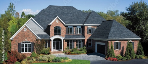 Modern residential architecture featuring a stylish black shingled roof on a brick home surrounded by lush green trees and a paved driveway.