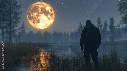 Silhouetted figure by a foggy lake at night under a large orange moon