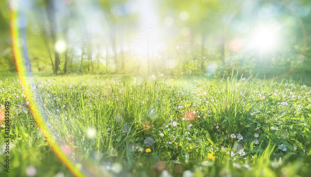 Fototapeta premium 春夏 雨上がりのさわやかな森林の草原、キラキラ輝く野原の草花 太陽の光日差しとレンズフレアが降り注ぐ朝の背景 アウトドア・キャンプ・自然・季節の風景