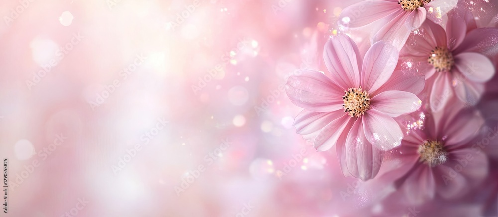 Soft-focused pink cosmos flowers on a dreamy pastel background with golden highlights, creating a delicate and calming floral ambiance. Soft-focused pink cosmos flowers on a dreamy pastel background with golden highlights, creating a delicate and calming floral ambiance.