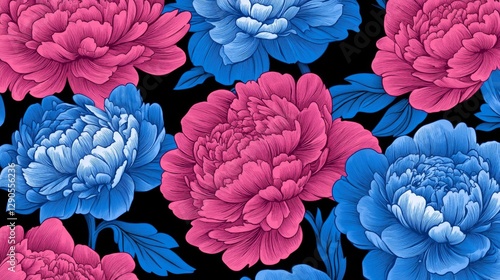 Fototapeta Naklejka Na Ścianę i Meble -  38.A vibrant seamless pattern featuring detailed blue and pink peonies in full bloom, intricately arranged on a deep black background, creating a striking contrast with vintage appeal.