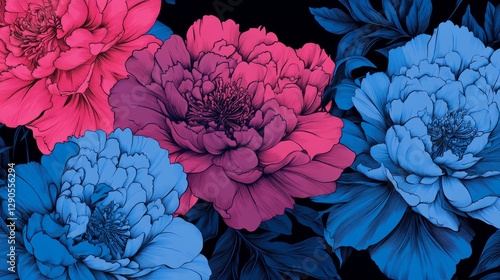 Fototapeta Naklejka Na Ścianę i Meble -  38.A vibrant seamless pattern featuring detailed blue and pink peonies in full bloom, intricately arranged on a deep black background, creating a striking contrast with vintage appeal.