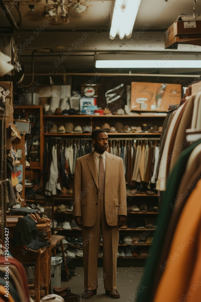 Man in large suit stands in cluttered thrift store; old clothes sale or costume
