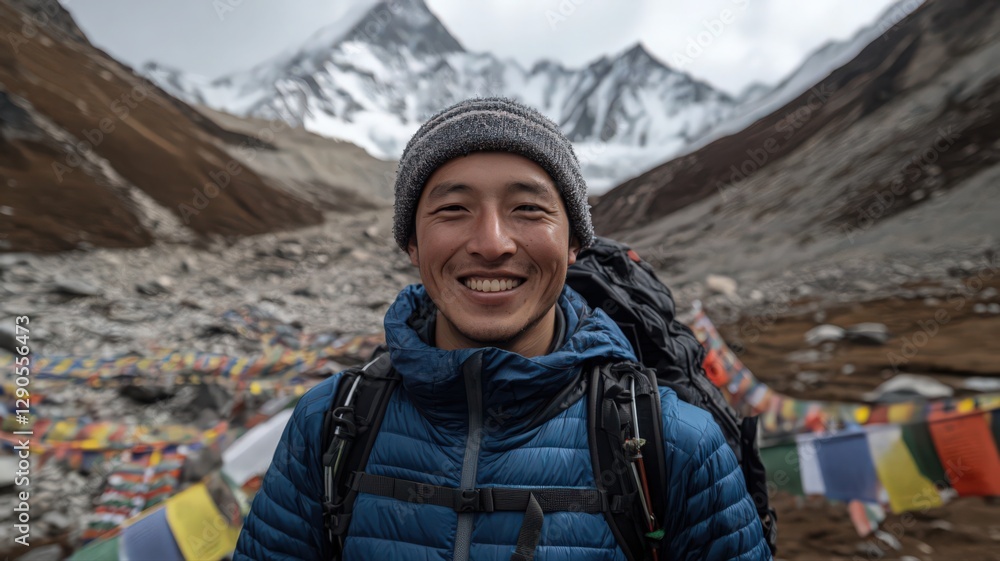 Naklejka premium Smiling Man in Blue Jacket Hiking in Snowy Mountains