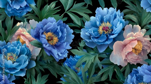 Fototapeta Naklejka Na Ścianę i Meble -  40.A dynamic seamless pattern of lush blue and pastel pink peonies with green leaves, artistically layered against a jet-black backdrop for a modern vintage-inspired look.