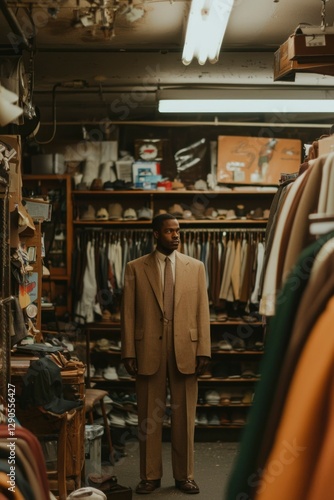 Man in large suit stands in cluttered thrift store; old clothes sale or costume photo