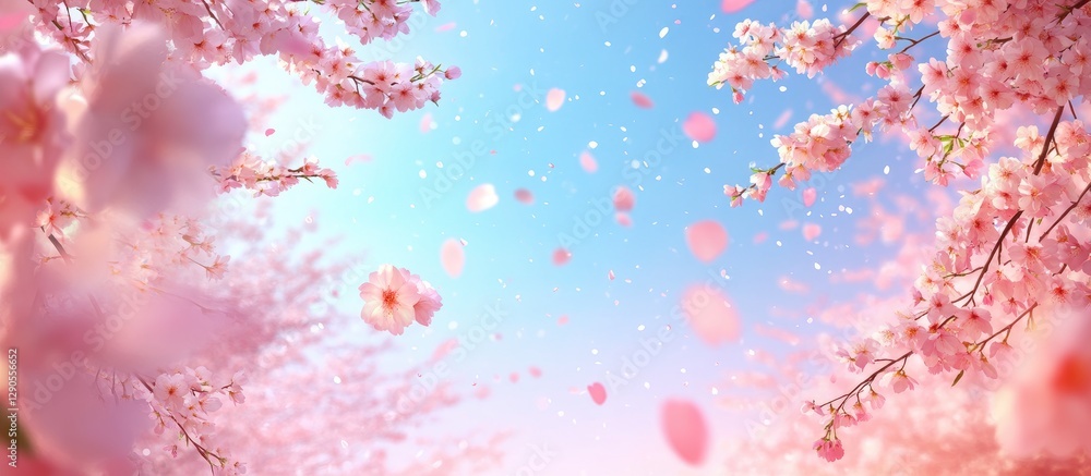 Springtime landscape with blooming cherry blossom trees on the sides and scattered petals against a gradient blue to pink sky during sunset. Springtime landscape with blooming cherry blossom trees on the sides and scattered petals against a gradient blue to pink sky during sunset.