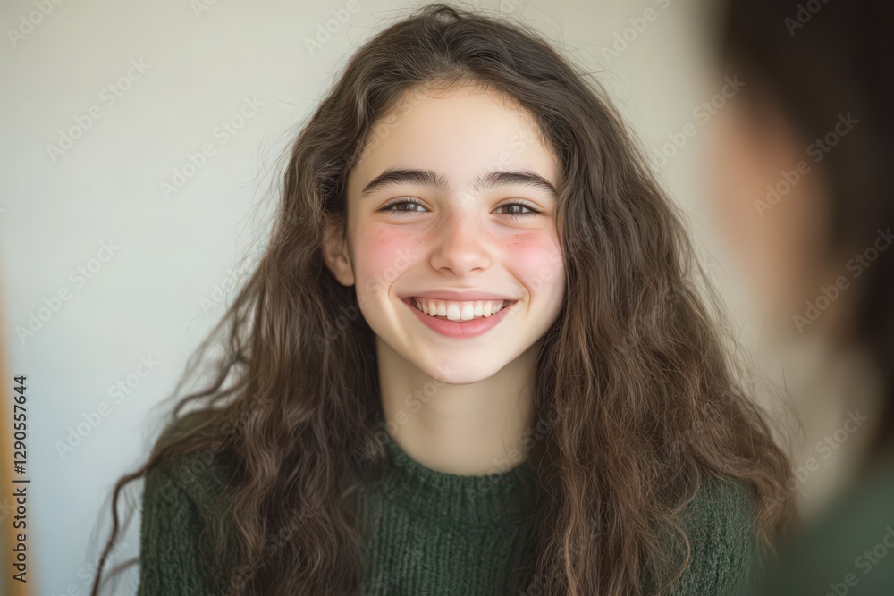 Smiling Young Woman with Curly Brown Hair in Closeup Portrait