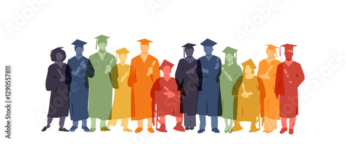 Group of graduated students, wearing academic gowns and graduation caps, holding diplomas.