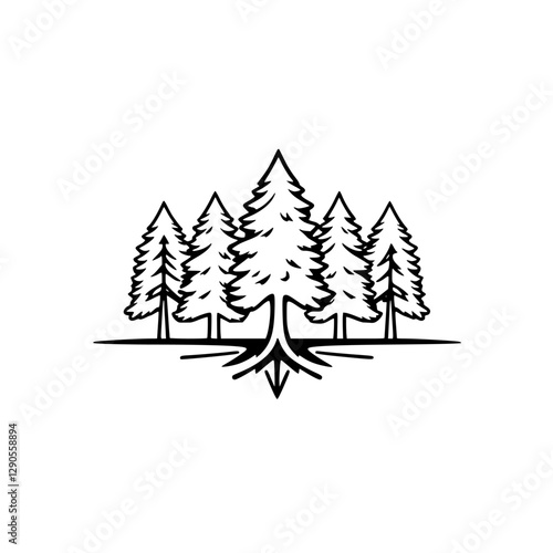 Forest of Coniferous Trees – a minimalistic illustration featuring a black outline of five evergreen trees.